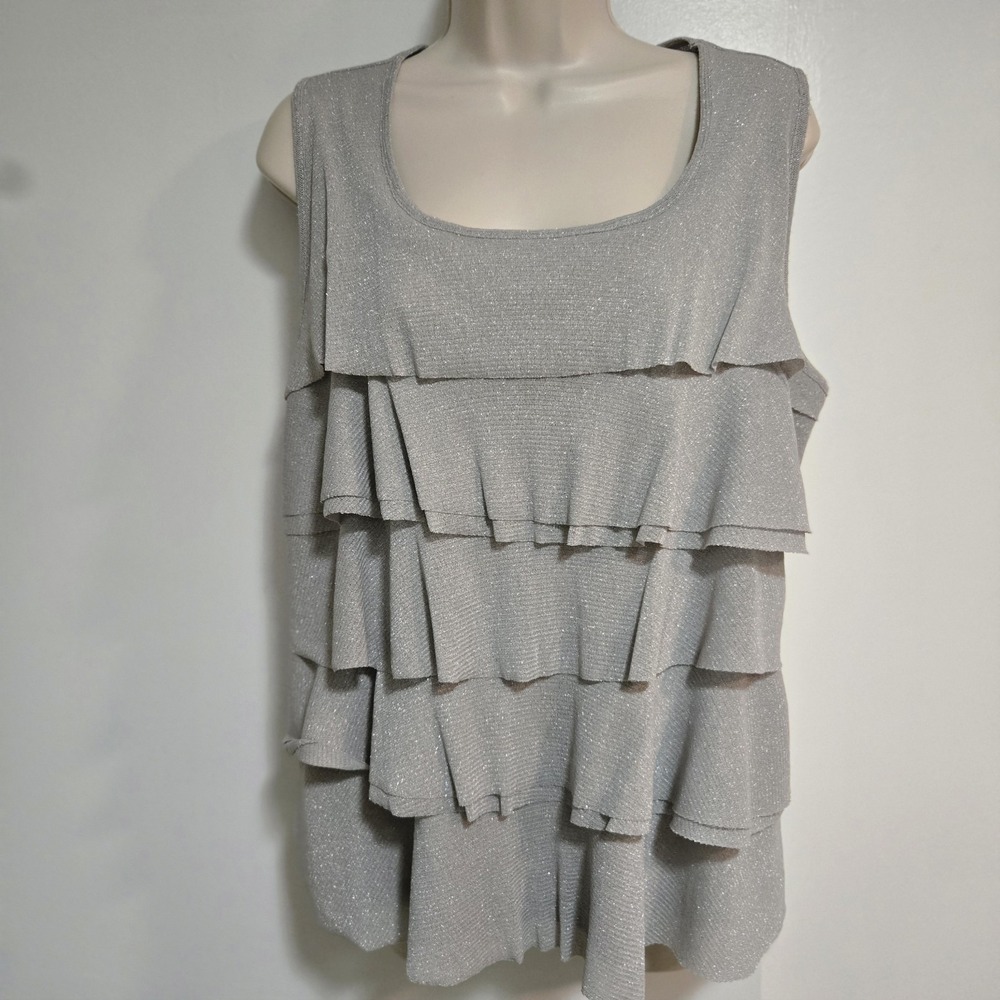 CHICO'S Size 2 (L) Silver Sparkle Mesh Lined Tiered Tank Top Shell Cami NEW